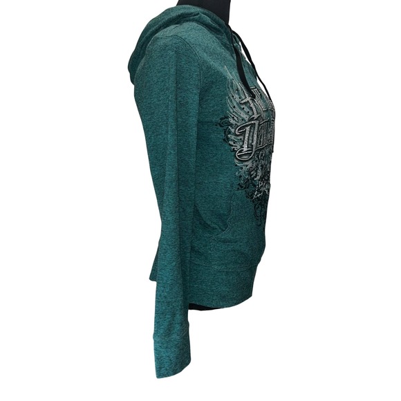 Harley Davidson Women Teal Heathered Rhinestone Wing Logo Zip Hoodie M - Picture 4 of 7
